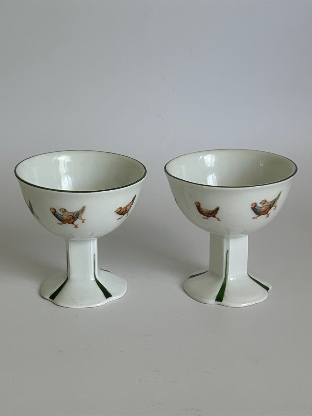 Pair of antique Rosenthal Porcelain Ice Cream Dessert Cup Chicken Motif Green